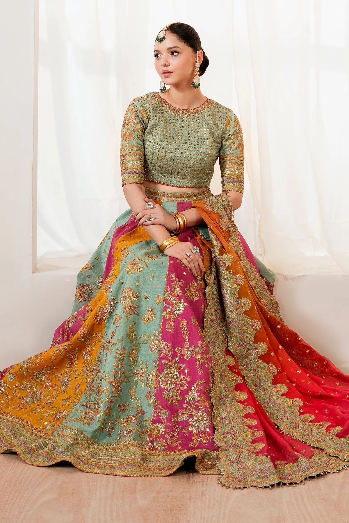 EMBROIDERED SILK pakistani fashion outfit in mustard, pink, aqua…